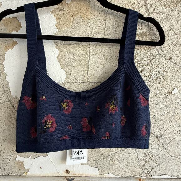 Zara Floral Knit Crop Tank Top Navy Red Knitwear Bralette Style Size M - Picture 6 of 7